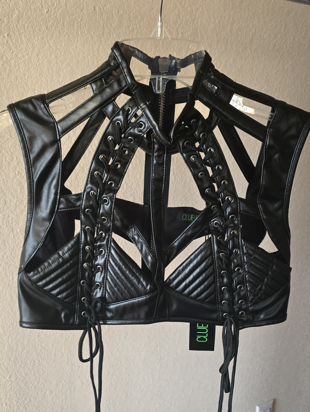 Dolls Kill Black Faux Leather Lace-Up Cage Crop Top